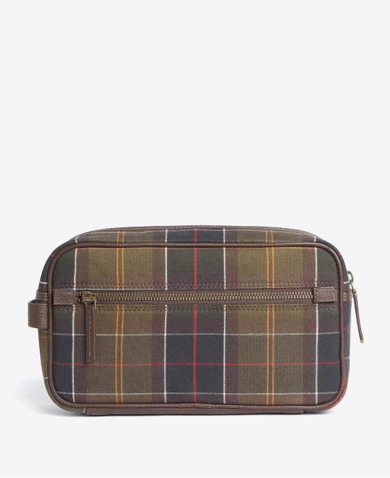 Trousse de toilette en cuir et tartan Barbour