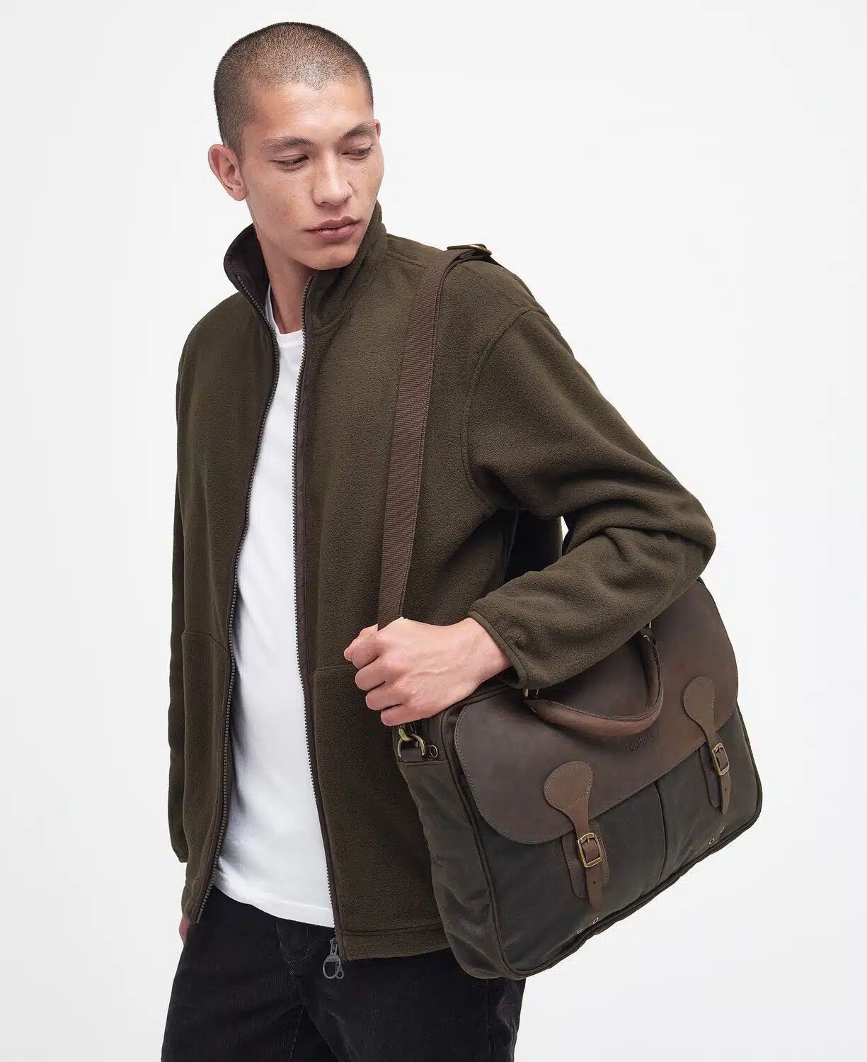 Malette en cuir et coton huilé Barbour olive