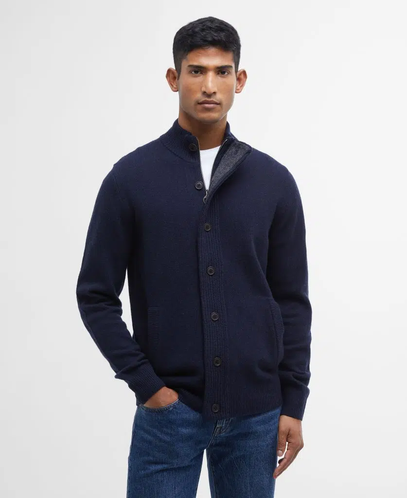 Gilet Barbour Patch Zip Through homme en laine avec fermeture zippée et coudières en daim