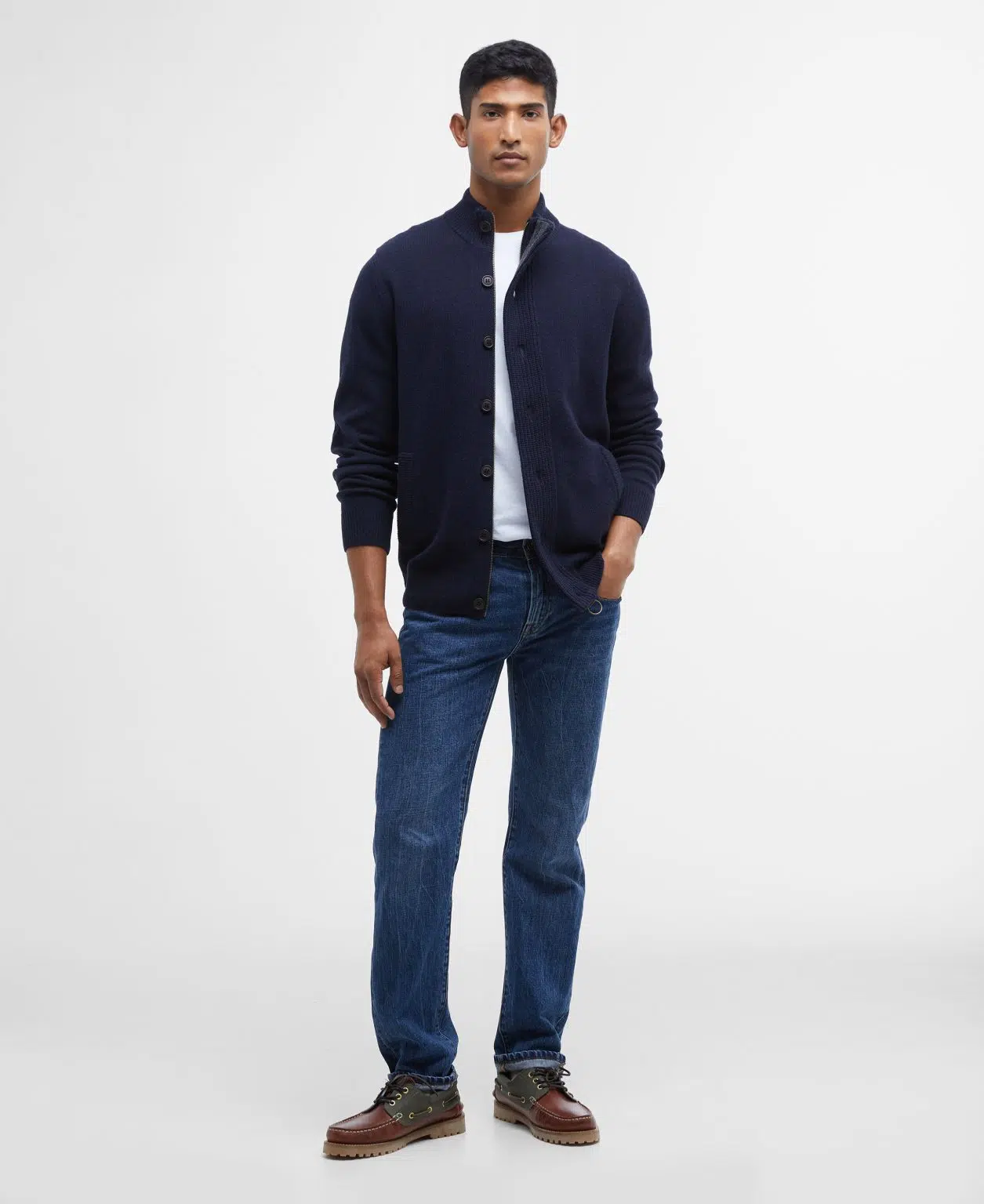 Gilet Barbour Patch Zip Through homme en laine avec fermeture zippée et coudières en daim