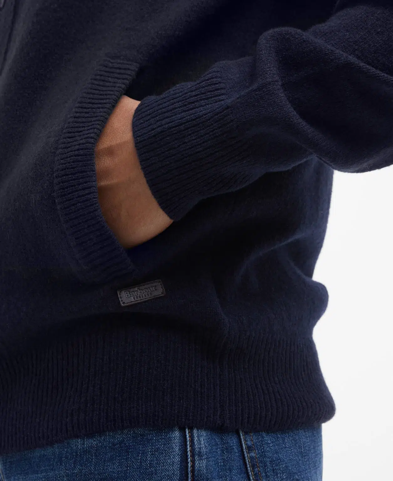 Gilet Barbour Patch Zip Through homme en laine avec fermeture zippée et coudières en daim