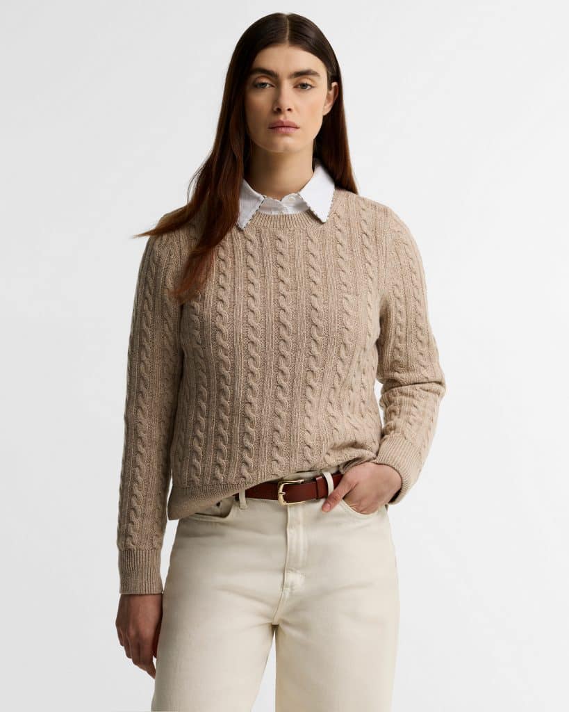 Pull torsadé Ashdown Barbour Femme beige en mélange de laine et coton