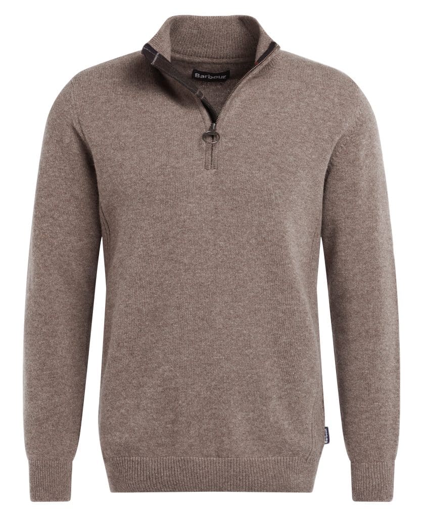 Pull Barbour Holden pour homme en laine, avec col zippé et détails tartan aux coudes et au col.