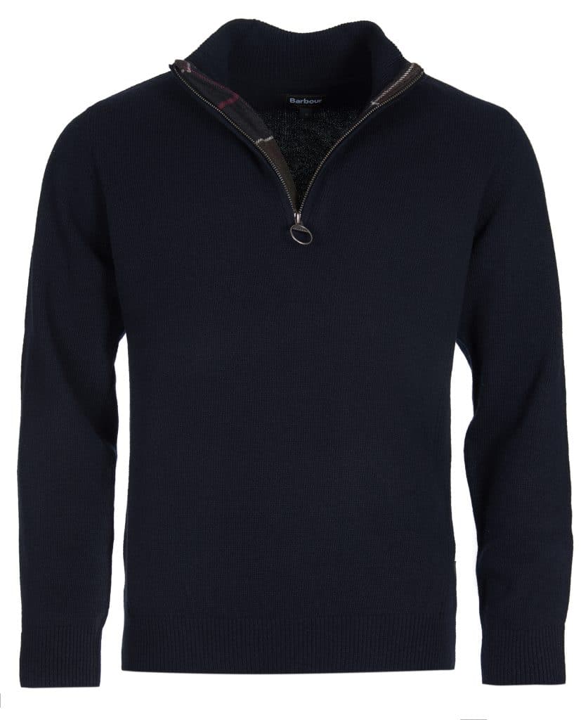 Pull Barbour Holden pour homme en laine, avec col zippé et détails tartan aux coudes et au col.