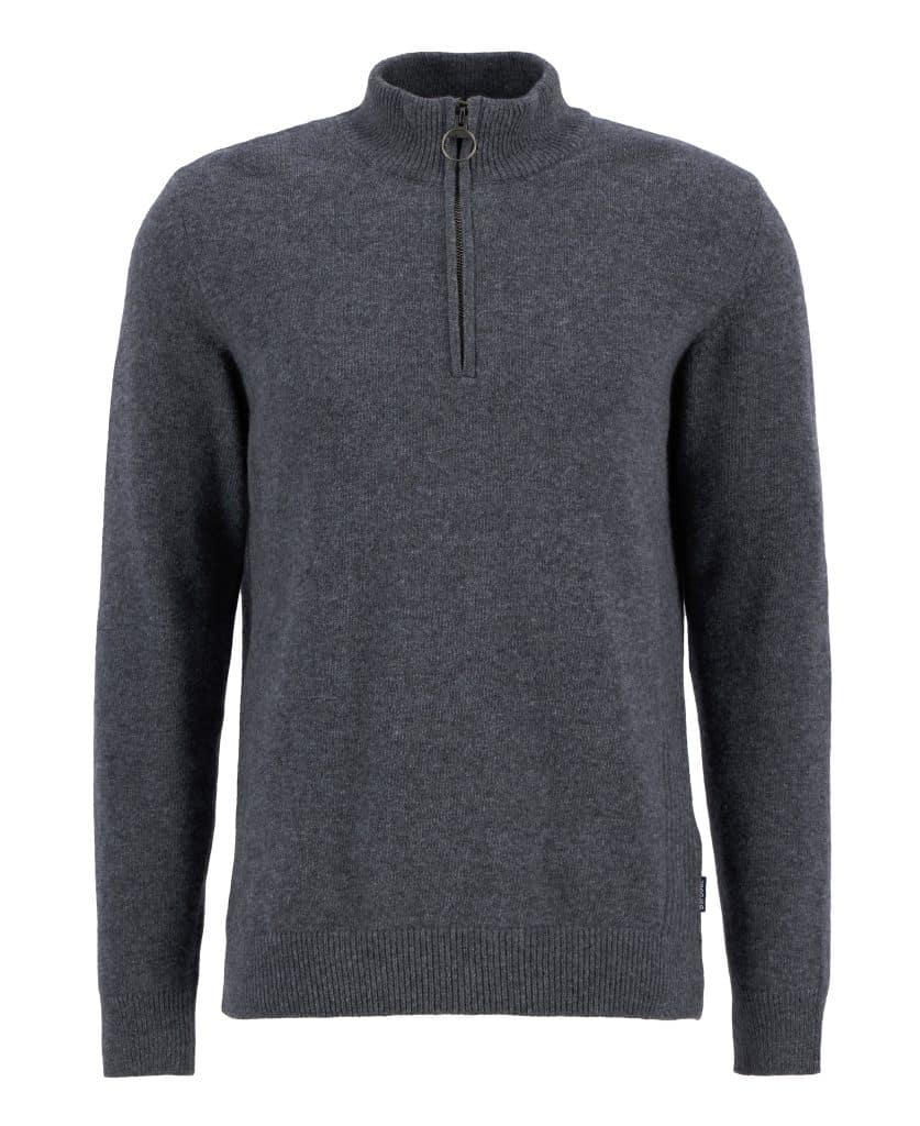 Pull Barbour Holden pour homme en laine, avec col zippé et détails tartan aux coudes et au col.