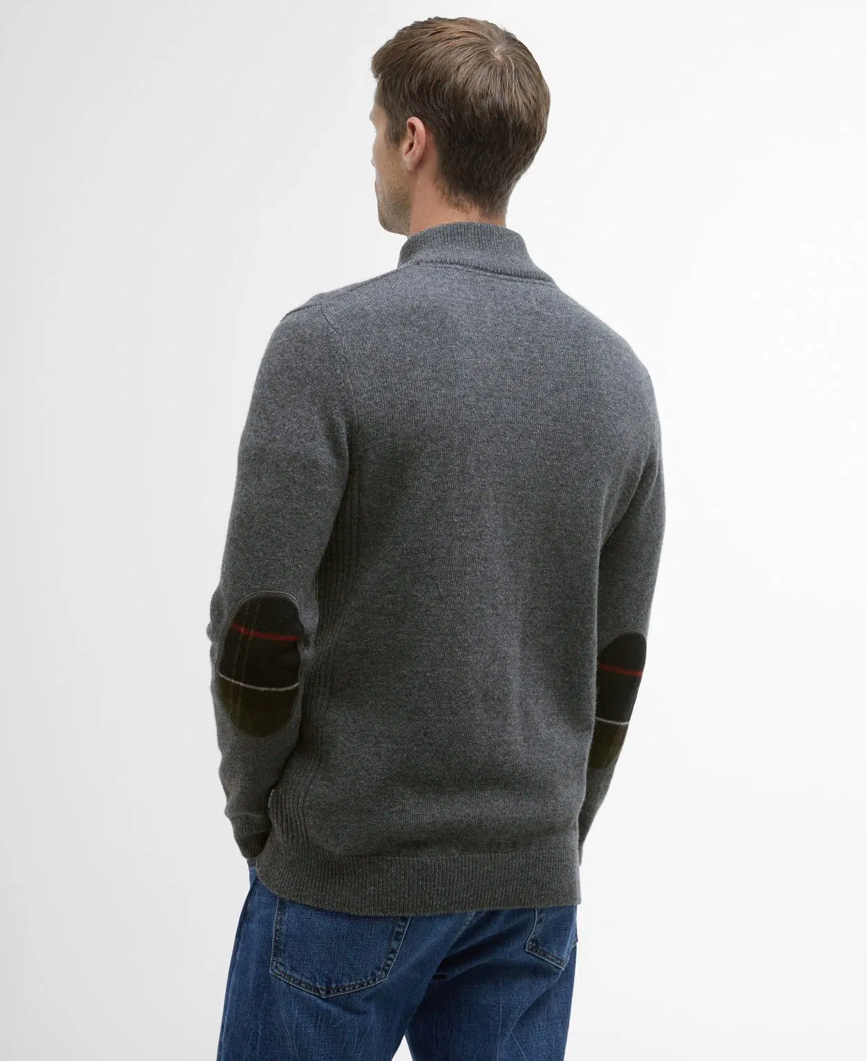 Pull Barbour Holden pour homme en laine, avec col zippé et détails tartan aux coudes et au col.