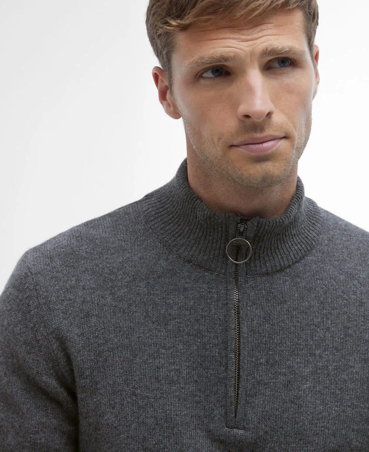 Pull Barbour Holden pour homme en laine, avec col zippé et détails tartan aux coudes et au col.