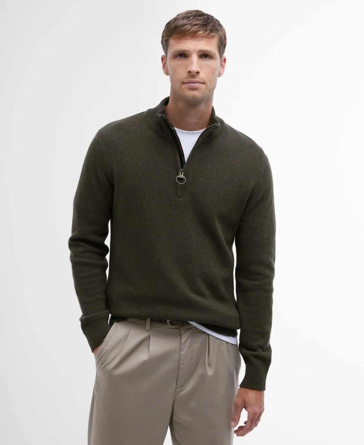 Pull Barbour Holden pour homme en laine, avec col zippé et détails tartan aux coudes et au col.