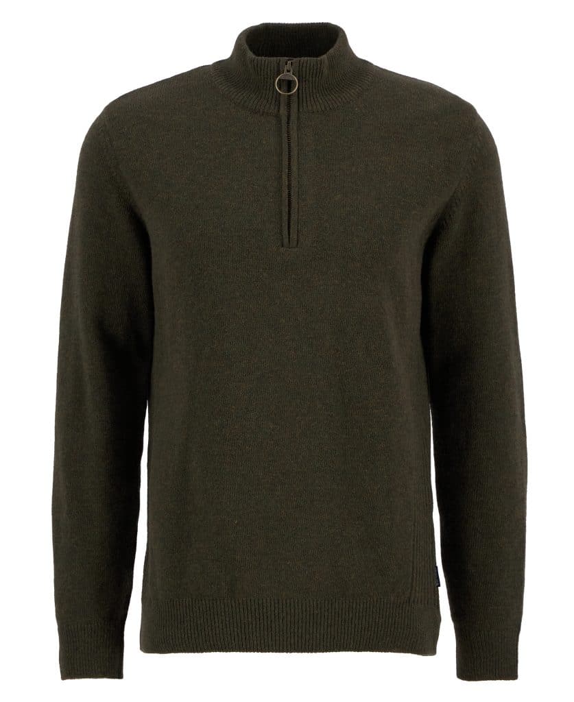 Pull Barbour Holden pour homme en laine, avec col zippé et détails tartan aux coudes et au col.