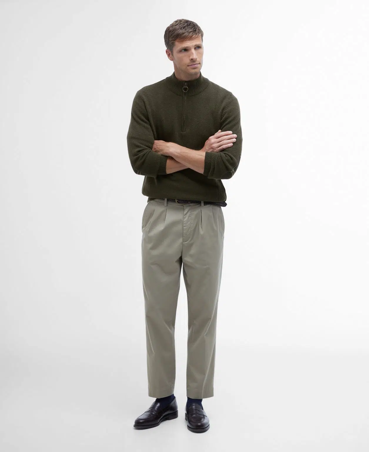 Pull Barbour Holden pour homme en laine, avec col zippé et détails tartan aux coudes et au col.