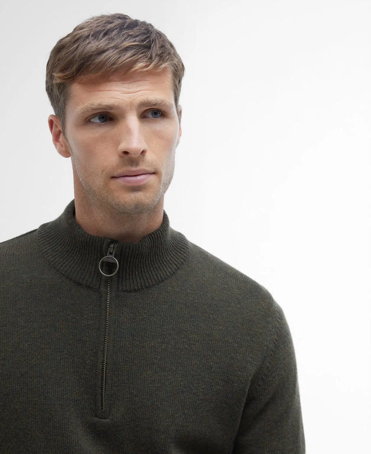 Pull Barbour Holden pour homme en laine, avec col zippé et détails tartan aux coudes et au col.
