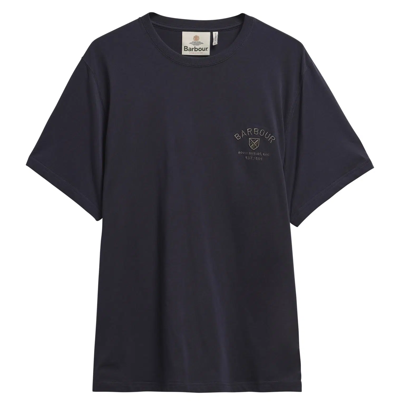 T-shirt Tartan Crest Logo Barbour pour homme bleu marine, coupe ajustée, col rond et logo Barbour brodé sur la poitrine.