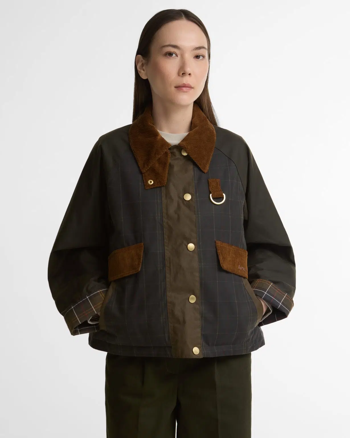 Veste huilée Barbour Irene pour femme en coton ciré, avec col en velours côtelé, doublure tartan