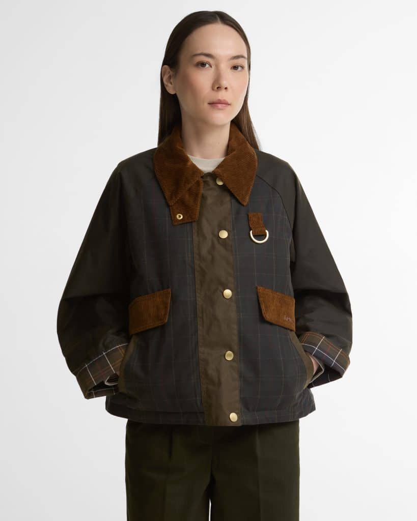 Veste huilée Barbour Irene pour femme en coton ciré, avec col en velours côtelé, doublure tartan
