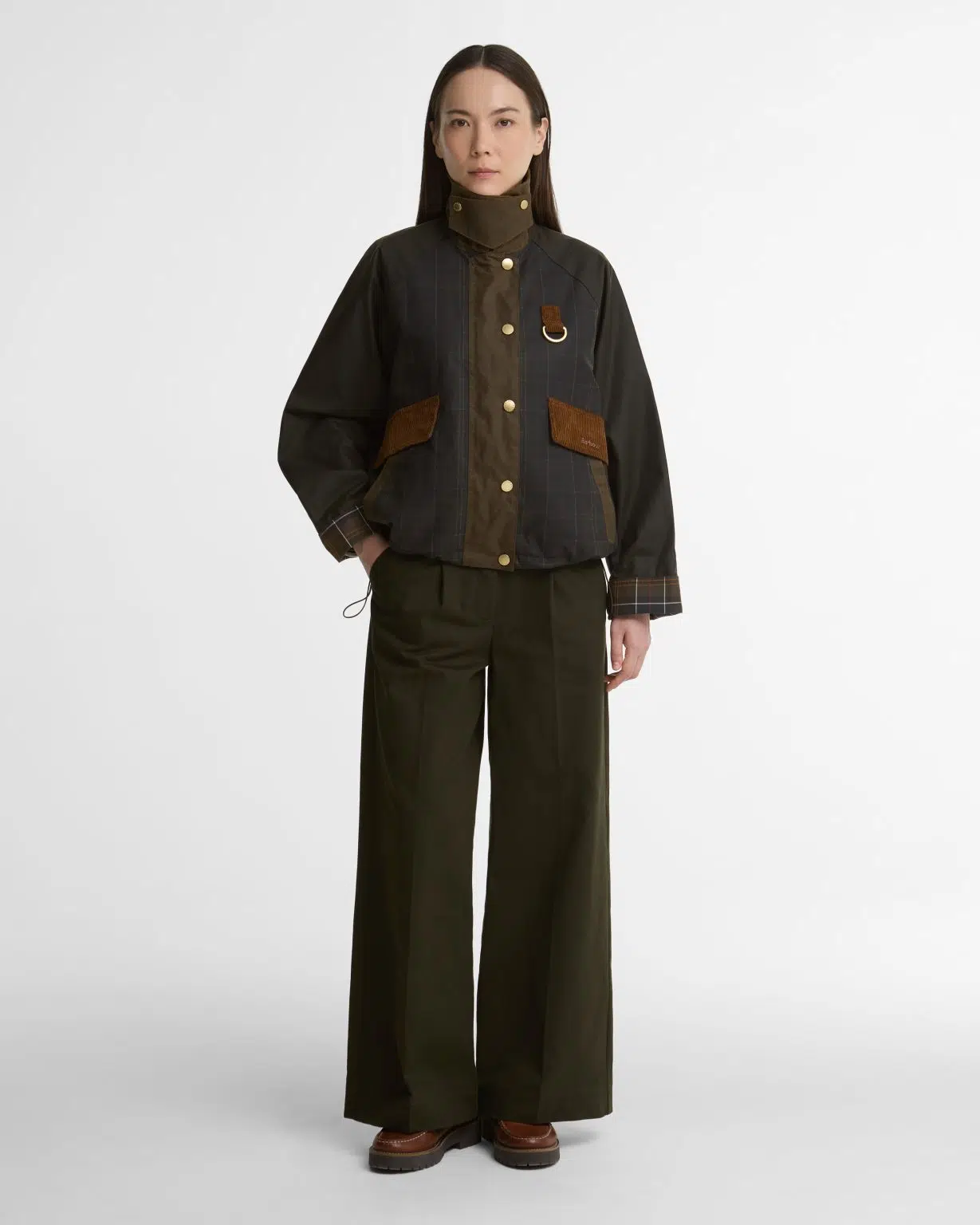 Veste huilée Barbour Irene pour femme en coton ciré, avec col en velours côtelé, doublure tartan