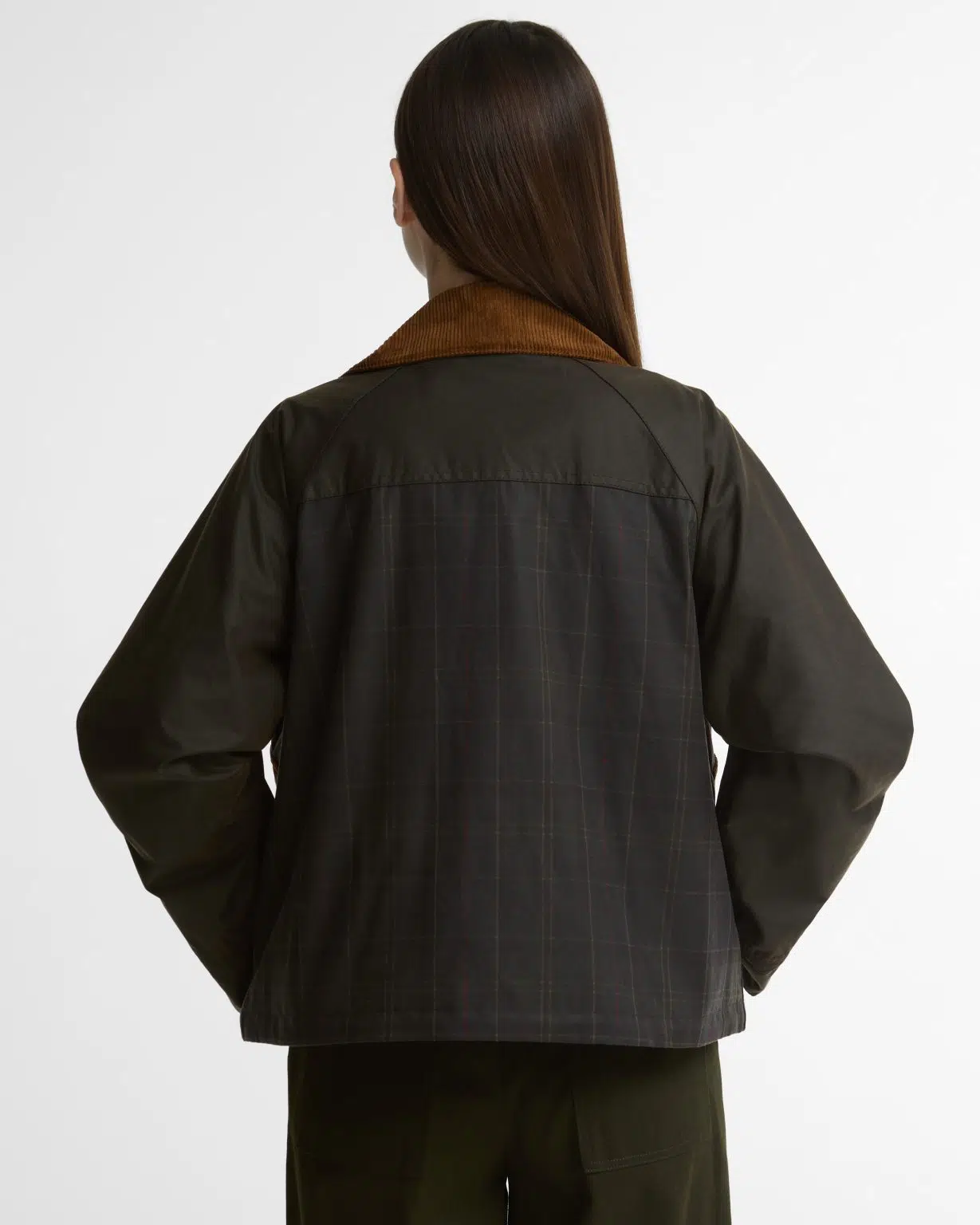Veste huilée Barbour Irene pour femme en coton ciré, avec col en velours côtelé, doublure tartan
