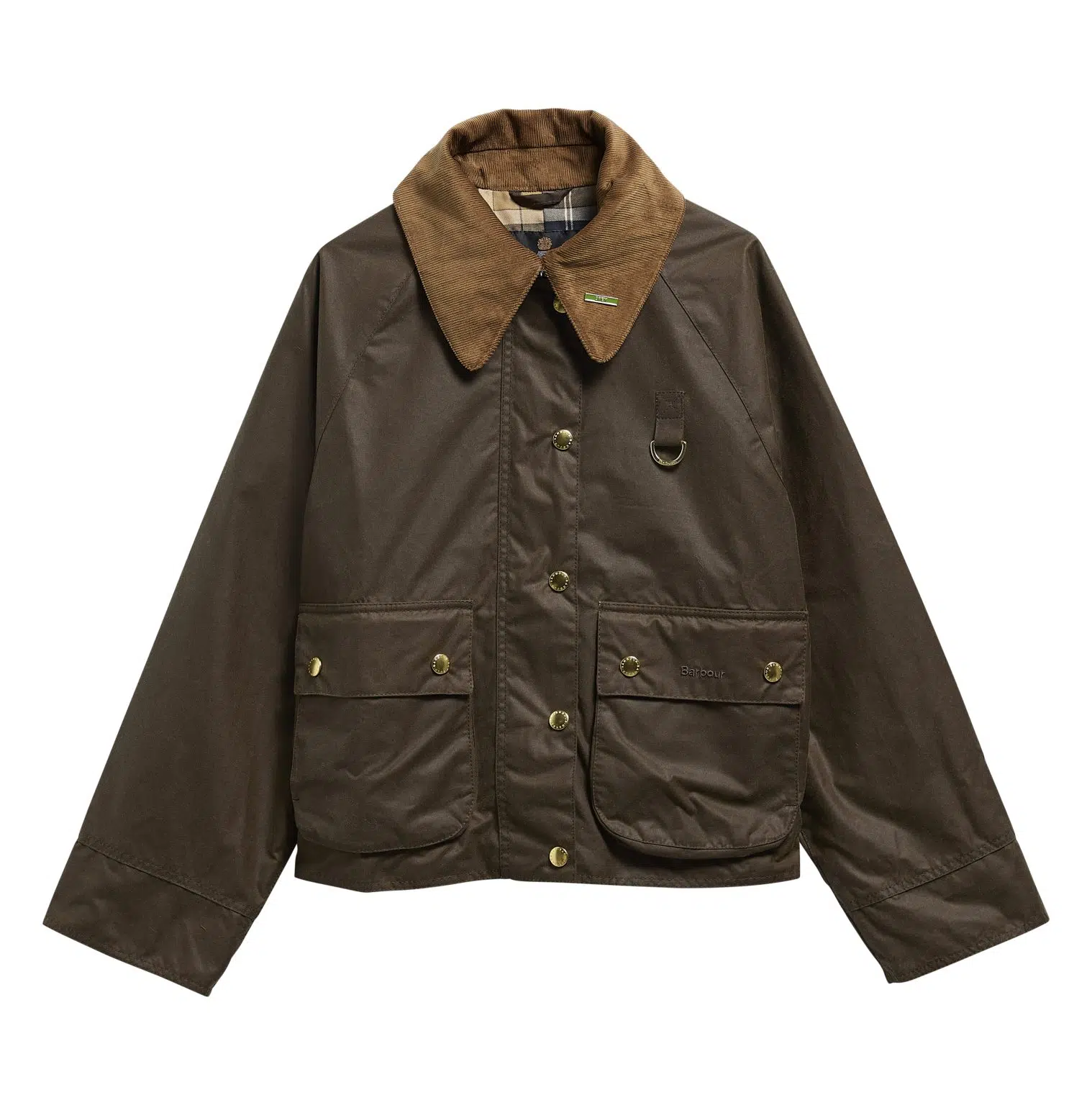 Veste huilée Barbour Icons Modern Spey pour femme, coupe courte, col en velours côtelé et grandes poches à rabat.