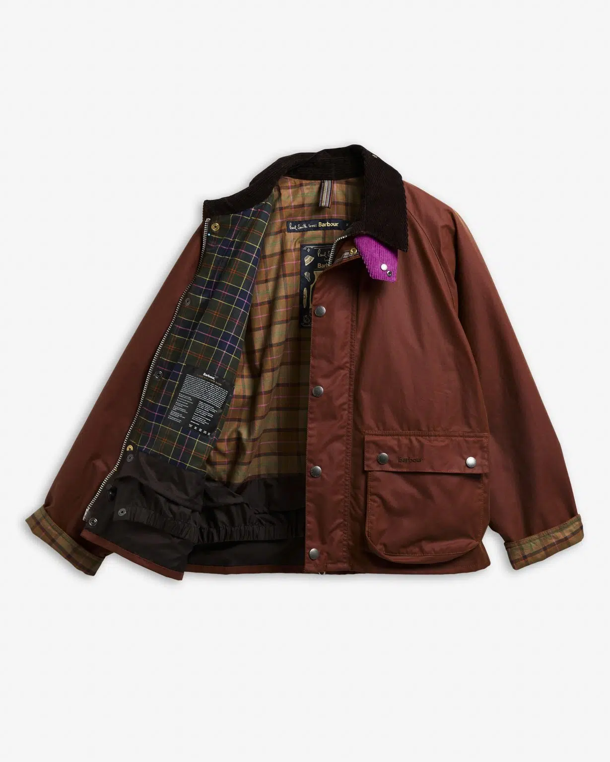 Veste huilée Key Transport Barbour x Paul Smith en coton ciré avec col en velours côtelé et détails colorés.