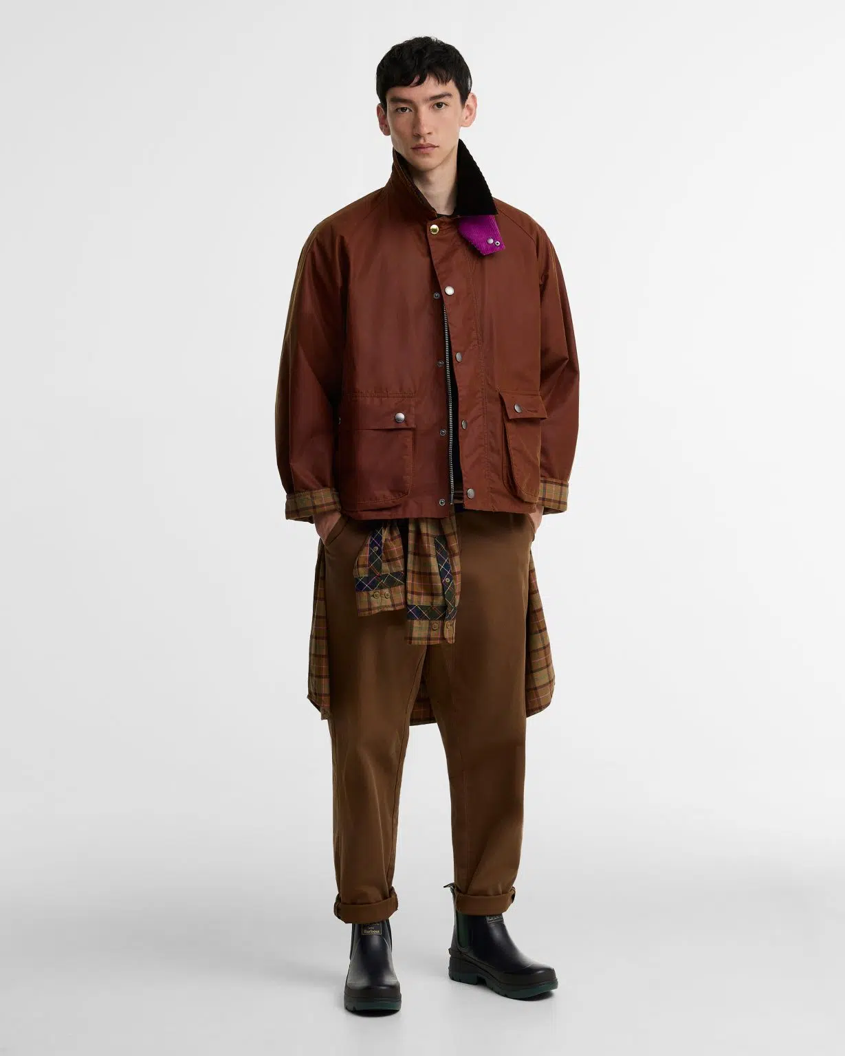 Veste huilée Key Transport Barbour x Paul Smith en coton ciré avec col en velours côtelé et détails colorés.