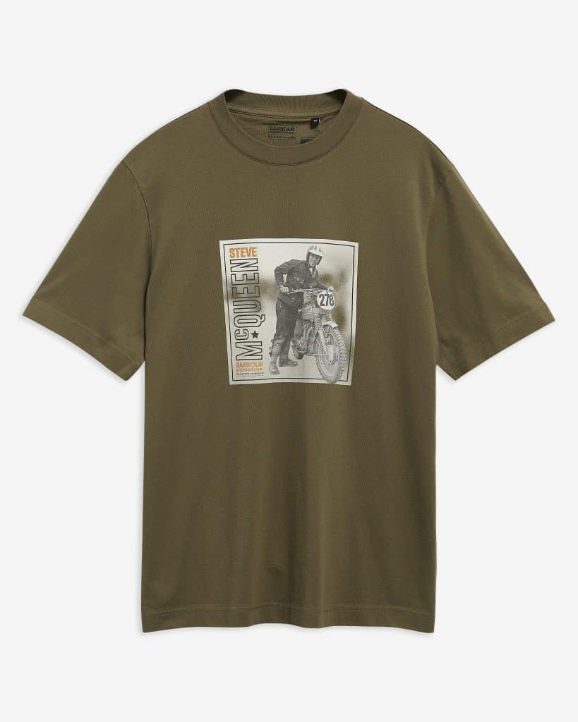 T-shirt SMQ Brandon Graphic Barbour International Homme kaki avec imprimé Steve McQueen à moto